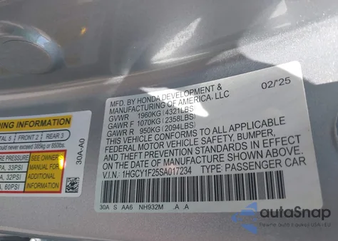 2025 Honda Accord Lx z USA, uszkodzony, nr VIN 1HGCY1F25SA017234